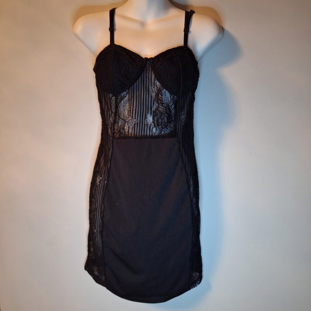SHEIN Black Lace Bustier Corset Top Bodycon Mini Dress Floral Sheer Size 8/10